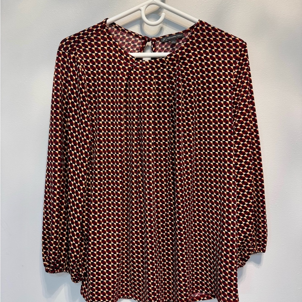 Adrianna Papell Burgundy and White Geometric Blouse